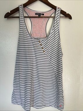 Volcom White and Black Striped Racerback Tank with Wooden Button Detail